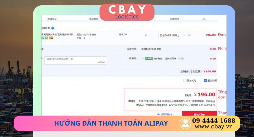 Ấn chọn thanh toán và chọn phương thức Alipay