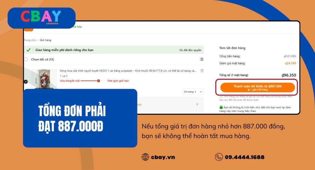 Để đặt hàng thành công, tổng giá trị đơn hàng tối thiểu trên Temu của bạn phải là 887 nghìn đồng