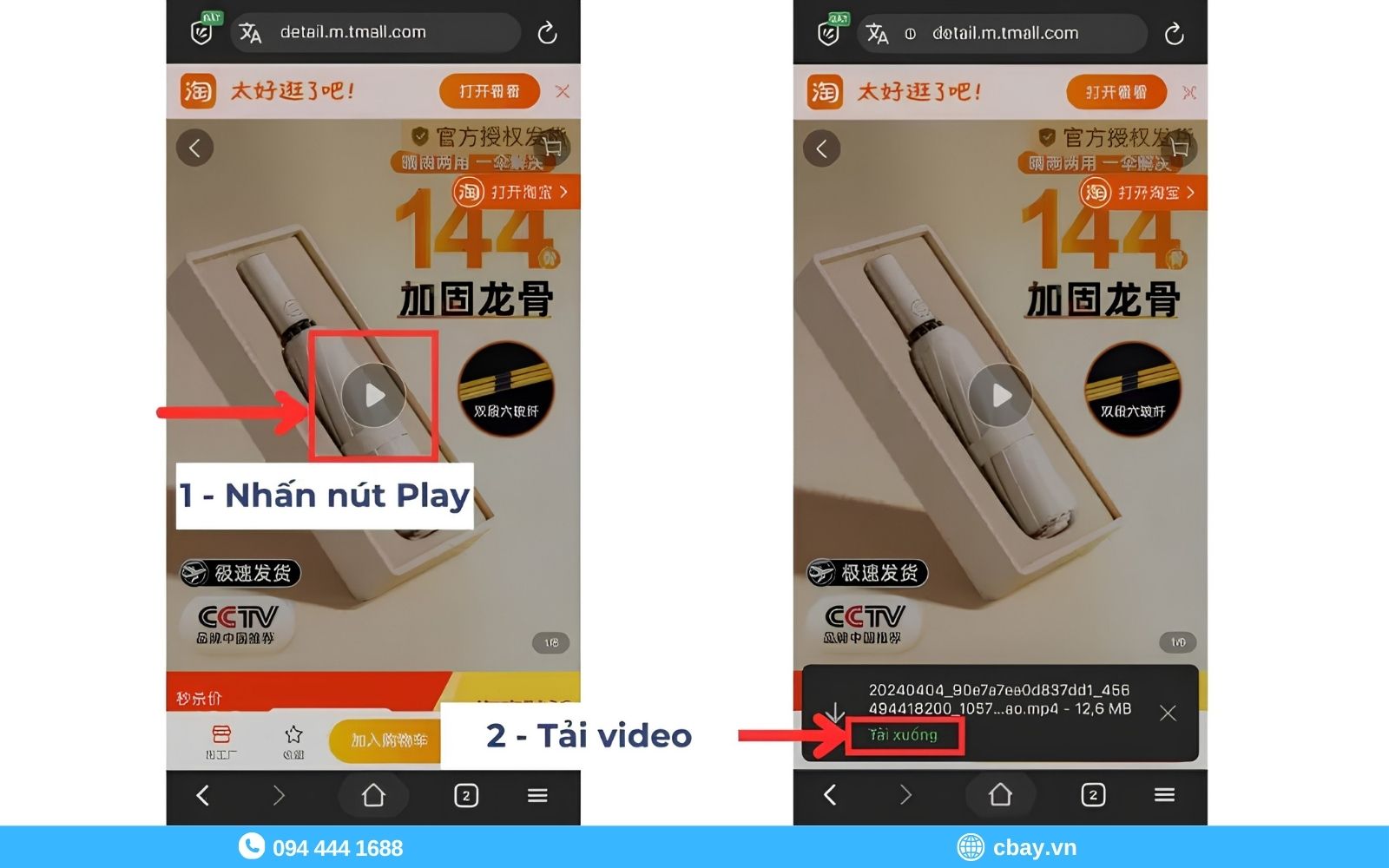 Nhấn nút Play để tải video Taobao