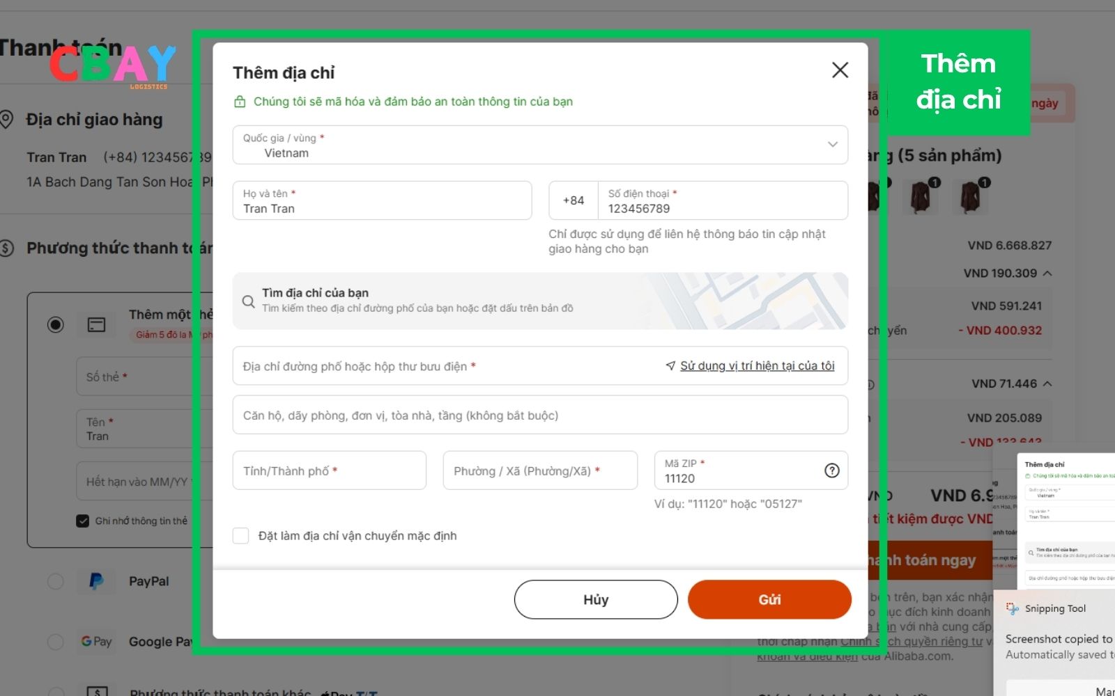 Điền địa chỉ nhập hàng Alibaba